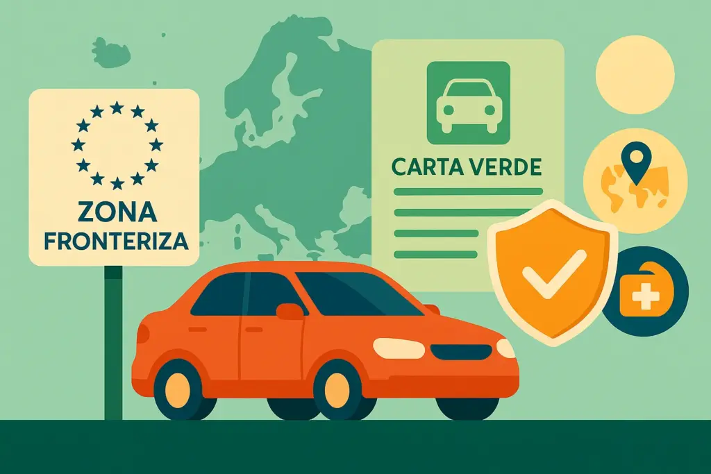 Ilustración plana de un coche rojo circulando junto a un cartel que dice ‘ZONA FRONTERIZA’ con un círculo de estrellas y un mapa de Europa, acompañado de un documento titulado ‘CARTA VERDE’, un icono de ubicación sobre un mapamundi y un maletín de primeros auxilios, sobre un fondo verde claro que sugiere la cobertura del seguro en el extranjero.