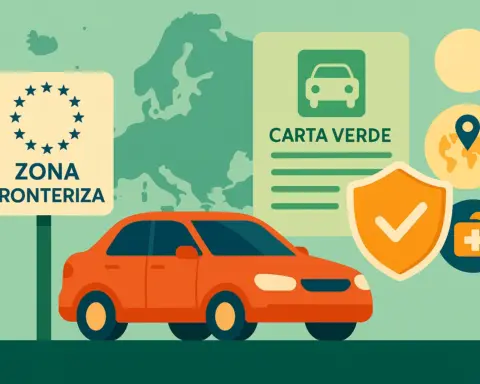 Ilustración plana de un coche rojo circulando junto a un cartel que dice ‘ZONA FRONTERIZA’ con un círculo de estrellas y un mapa de Europa, acompañado de un documento titulado ‘CARTA VERDE’, un icono de ubicación sobre un mapamundi y un maletín de primeros auxilios, sobre un fondo verde claro que sugiere la cobertura del seguro en el extranjero.