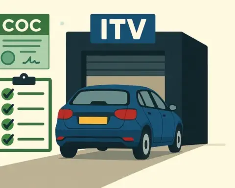 Ilustración horizontal 16:9 que muestra un coche azul con matrícula amarilla entrando de cola a una estación ITV, flanqueado a la izquierda por iconos de un Certificado de Conformidad (COC) verde y una lista de verificación, sobre un fondo claro que enfatiza la inspección técnica de vehículos para matricular coches extranjeros.
