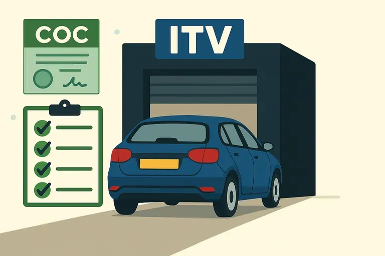 Ilustración horizontal 16:9 que muestra un coche azul con matrícula amarilla entrando de cola a una estación ITV, flanqueado a la izquierda por iconos de un Certificado de Conformidad (COC) verde y una lista de verificación, sobre un fondo claro que enfatiza la inspección técnica de vehículos para matricular coches extranjeros.