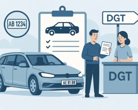 Ilustración de una pareja registrando su coche extranjero en una oficina de la DGT en España.