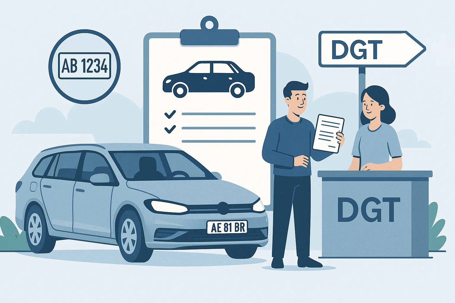 Ilustración de una pareja registrando su coche extranjero en una oficina de la DGT en España.