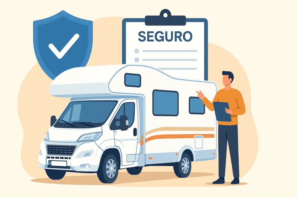 Persona contratando un seguro para autocaravana con documentación y símbolo de protección.