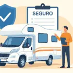 Persona contratando un seguro para autocaravana con documentación y símbolo de protección.