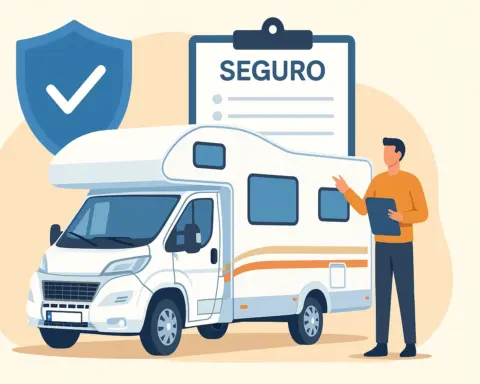 Persona contratando un seguro para autocaravana con documentación y símbolo de protección.