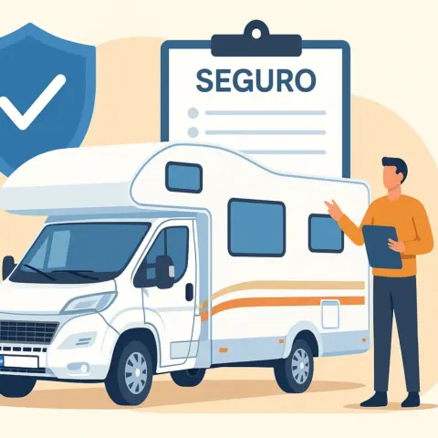 Persona contratando un seguro para autocaravana con documentación y símbolo de protección.