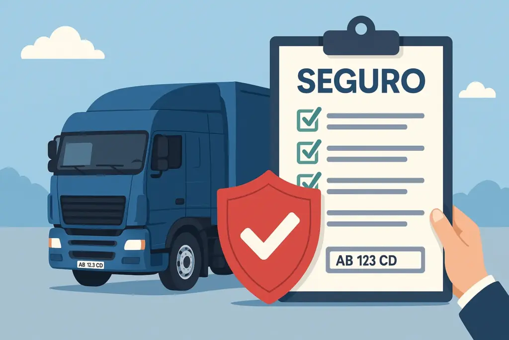 Camión con matrícula extranjera junto a póliza de seguro y escudo de verificación.