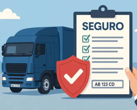 Camión con matrícula extranjera junto a póliza de seguro y escudo de verificación.