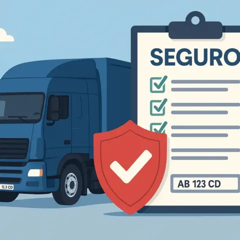 Camión con matrícula extranjera junto a póliza de seguro y escudo de verificación.