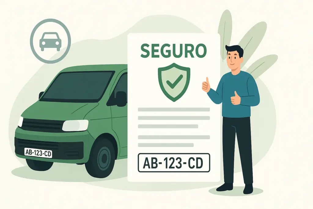 Persona contratando seguro para furgoneta con matrícula extranjera y documento de póliza visible.