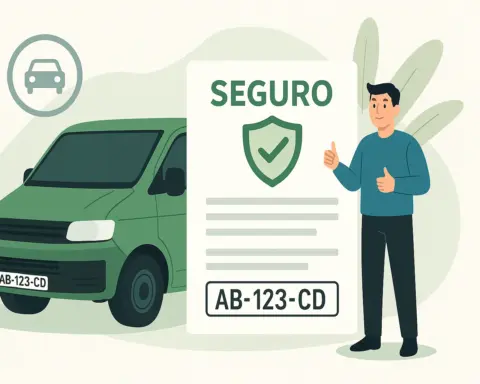 Persona contratando seguro para furgoneta con matrícula extranjera y documento de póliza visible.