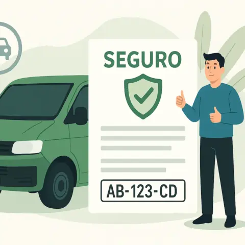 Persona contratando seguro para furgoneta con matrícula extranjera y documento de póliza visible.