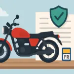 Moto con matrícula francesa frente a póliza de seguro y escudo de verificación.