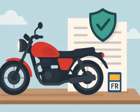 Moto con matrícula francesa frente a póliza de seguro y escudo de verificación.