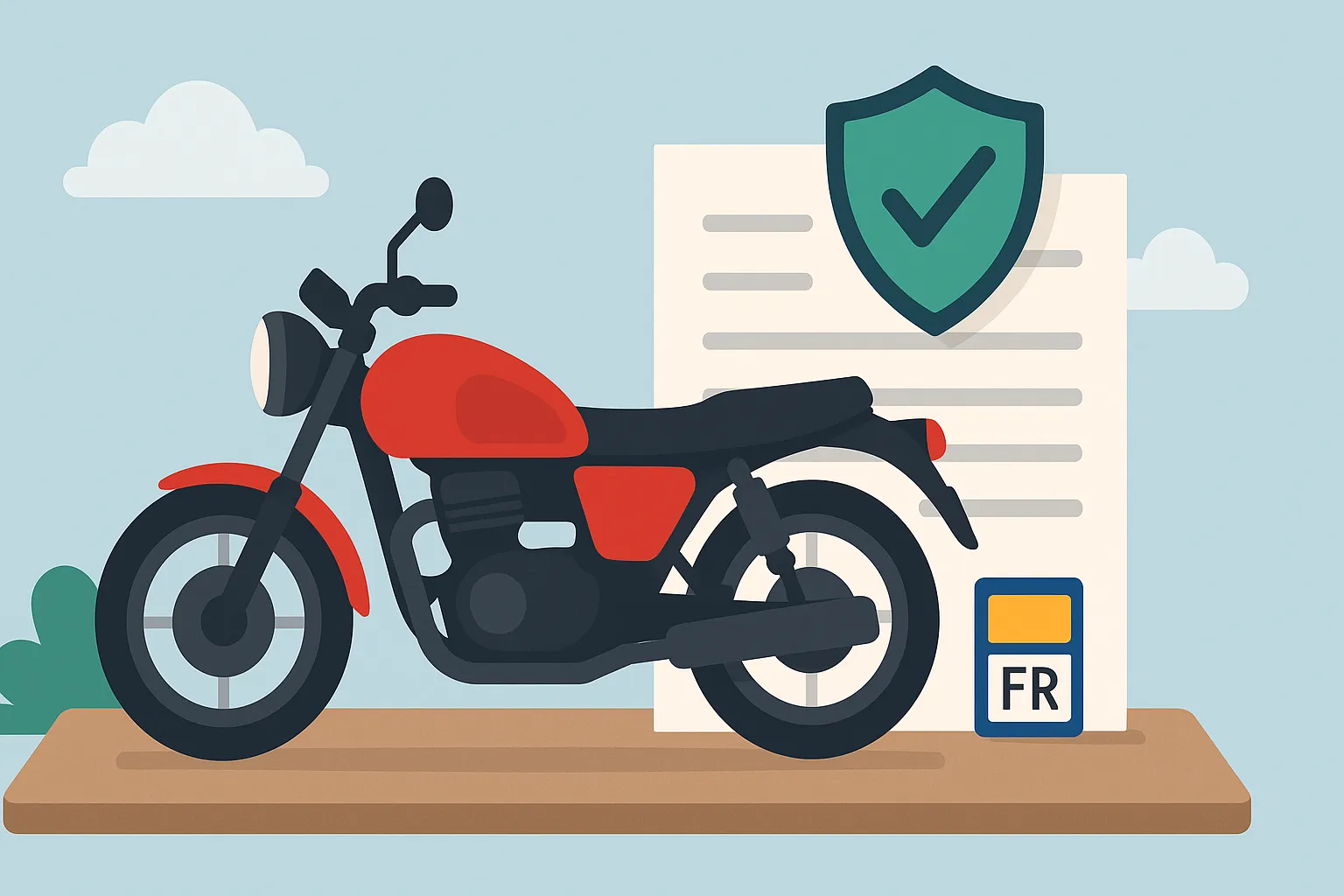 Moto con matrícula francesa frente a póliza de seguro y escudo de verificación.