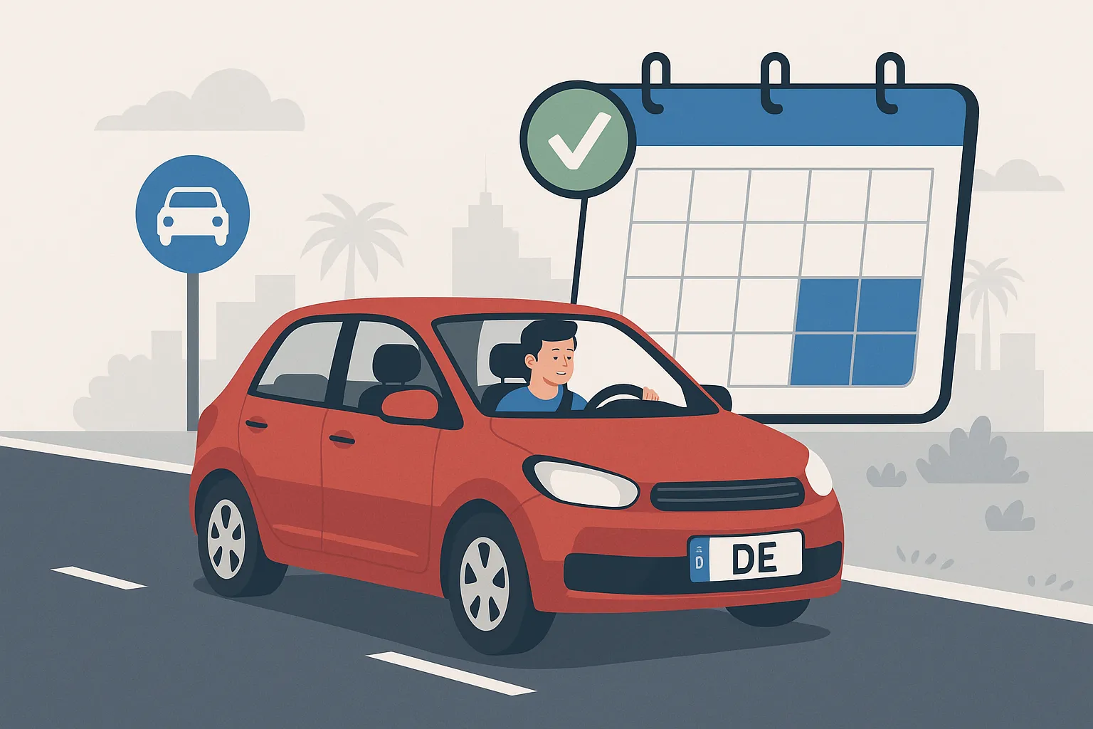 Coche con matrícula extranjera y calendario ilustrando seguro temporal por semanas.