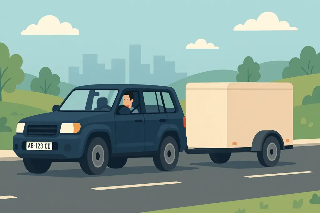 Coche con matrícula extranjera remolcando un tráiler por carretera en un entorno urbano.