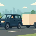 Coche con matrícula extranjera remolcando un tráiler por carretera en un entorno urbano.