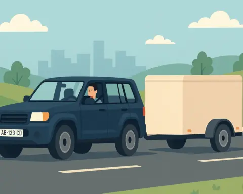 Coche con matrícula extranjera remolcando un tráiler por carretera en un entorno urbano.