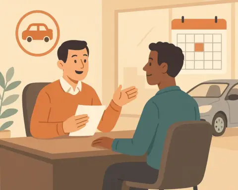 Agente de seguros y cliente conversan en una oficina con un coche al fondo, simbolizando la contratación de un seguro temporal.