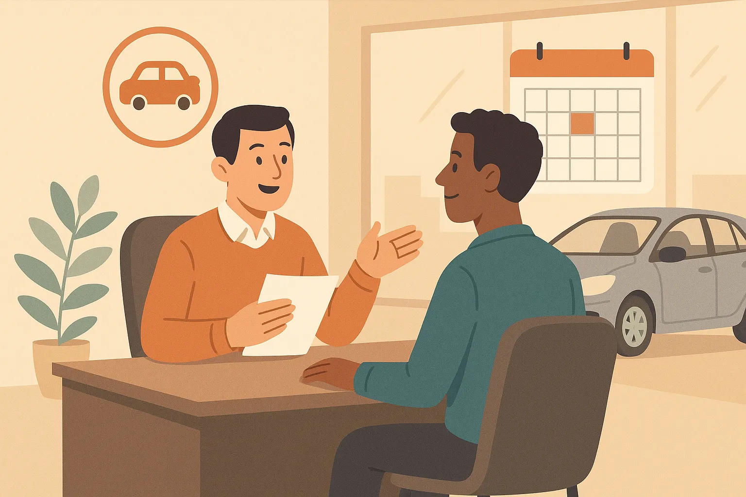 Agente de seguros y cliente conversan en una oficina con un coche al fondo, simbolizando la contratación de un seguro temporal.