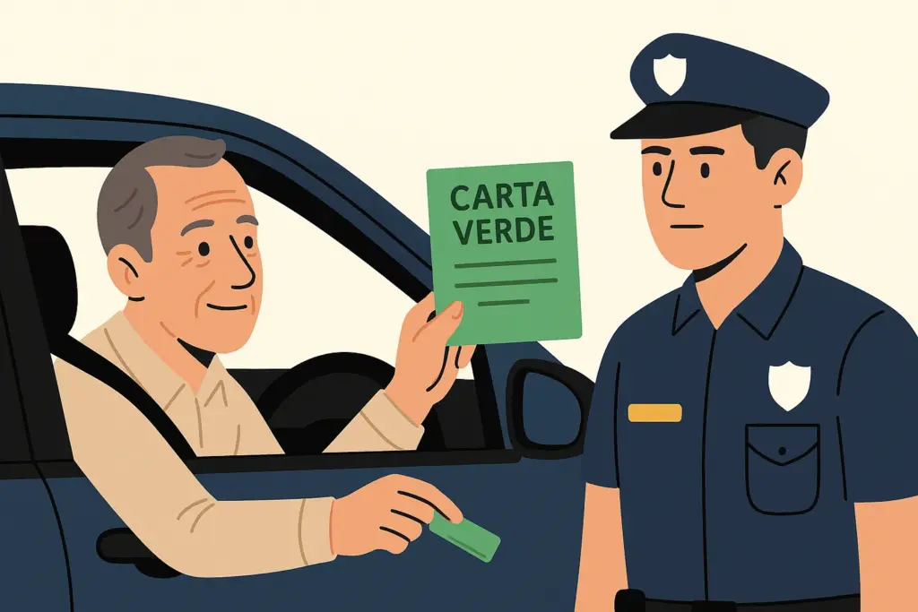 Ilustración plana horizontal 16:9 que muestra un conductor visiblemente sonriente en un coche azul entregando una “Carta Verde” (Certificado Internacional de Seguro) a un policía de uniforme azul, destacando el intercambio del documento verde entre ambos.