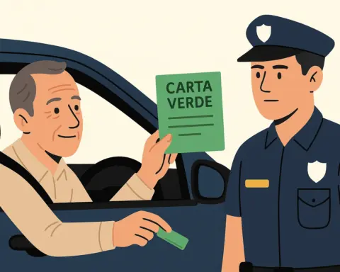 Ilustración plana horizontal 16:9 que muestra un conductor visiblemente sonriente en un coche azul entregando una “Carta Verde” (Certificado Internacional de Seguro) a un policía de uniforme azul, destacando el intercambio del documento verde entre ambos.