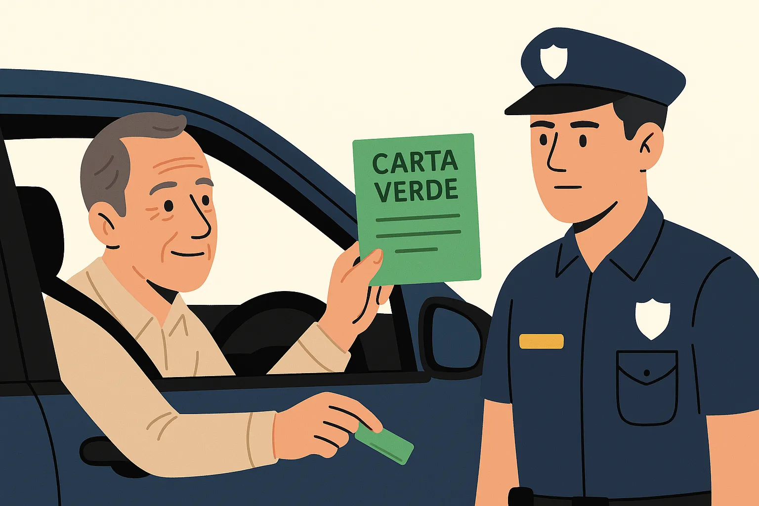 Ilustración plana horizontal 16:9 que muestra un conductor visiblemente sonriente en un coche azul entregando una “Carta Verde” (Certificado Internacional de Seguro) a un policía de uniforme azul, destacando el intercambio del documento verde entre ambos.