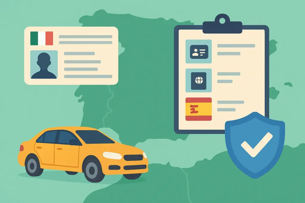 Ilustración plana de un coche de color naranja circulando sobre un mapa de España en tonos verdes, acompañado de una licencia de conducir con bandera italiana, un portapapeles con lista de documentación (pasaporte y DNI), y un escudo azul con cheque, representando visualmente las condiciones para que un carnet de conducir extranjero sea válido y asegurar un coche en España.