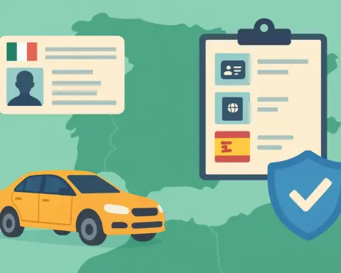 Ilustración plana de un coche de color naranja circulando sobre un mapa de España en tonos verdes, acompañado de una licencia de conducir con bandera italiana, un portapapeles con lista de documentación (pasaporte y DNI), y un escudo azul con cheque, representando visualmente las condiciones para que un carnet de conducir extranjero sea válido y asegurar un coche en España.