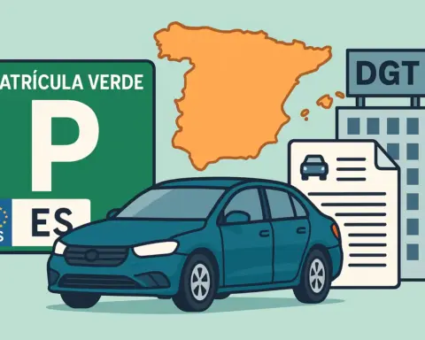 Ilustración horizontal 16:9 que muestra una matrícula verde provisional con gran letra “P” y distintivo “ES”, un coche azul, un mapa de España en color naranja, un edificio de la DGT y un documento, representando visualmente la placa temporal para coche extranjero en proceso de matriculación en España