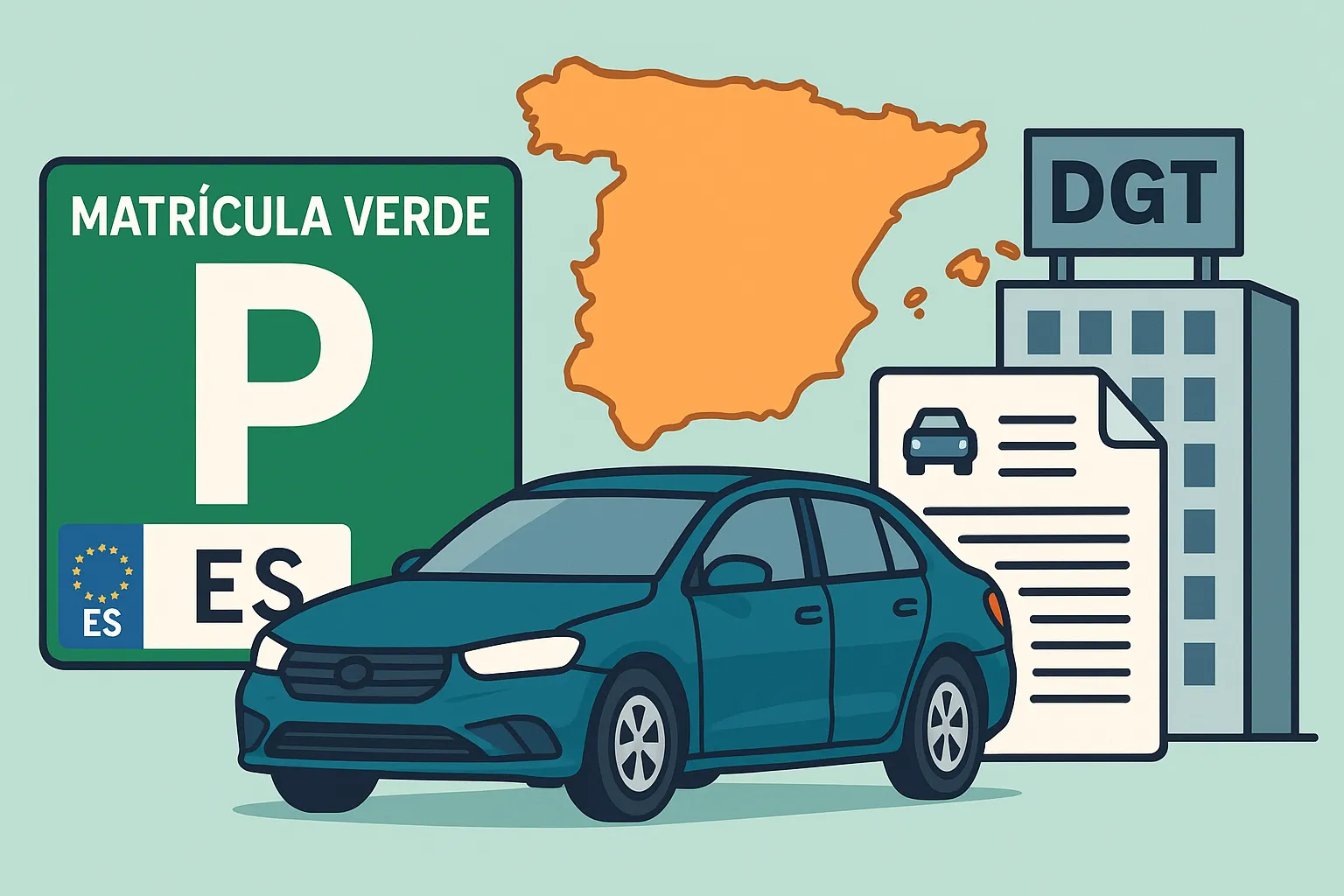 Ilustración horizontal 16:9 que muestra una matrícula verde provisional con gran letra “P” y distintivo “ES”, un coche azul, un mapa de España en color naranja, un edificio de la DGT y un documento, representando visualmente la placa temporal para coche extranjero en proceso de matriculación en España